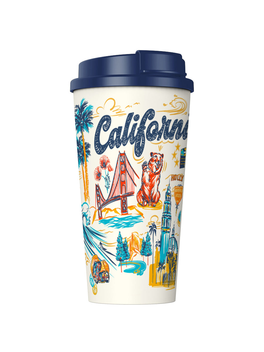 16-ounce travel tumbler with a secure lid, adorned with vibrant California-themed artwork, including mountains and cityscapes.