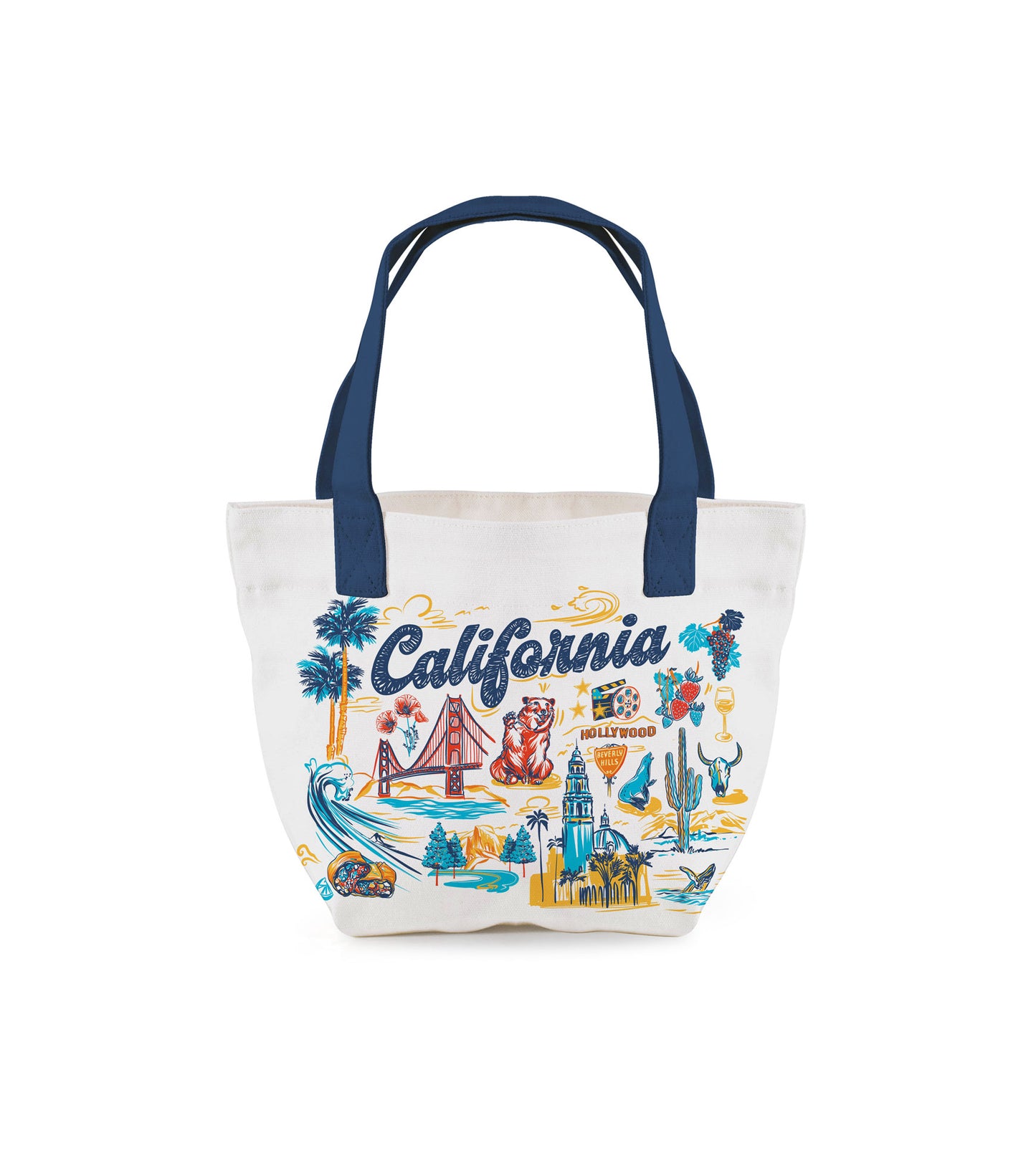 Compact white canvas mini tote adorned with vibrant California-themed graphics, including palm trees, coastal scenes and more.