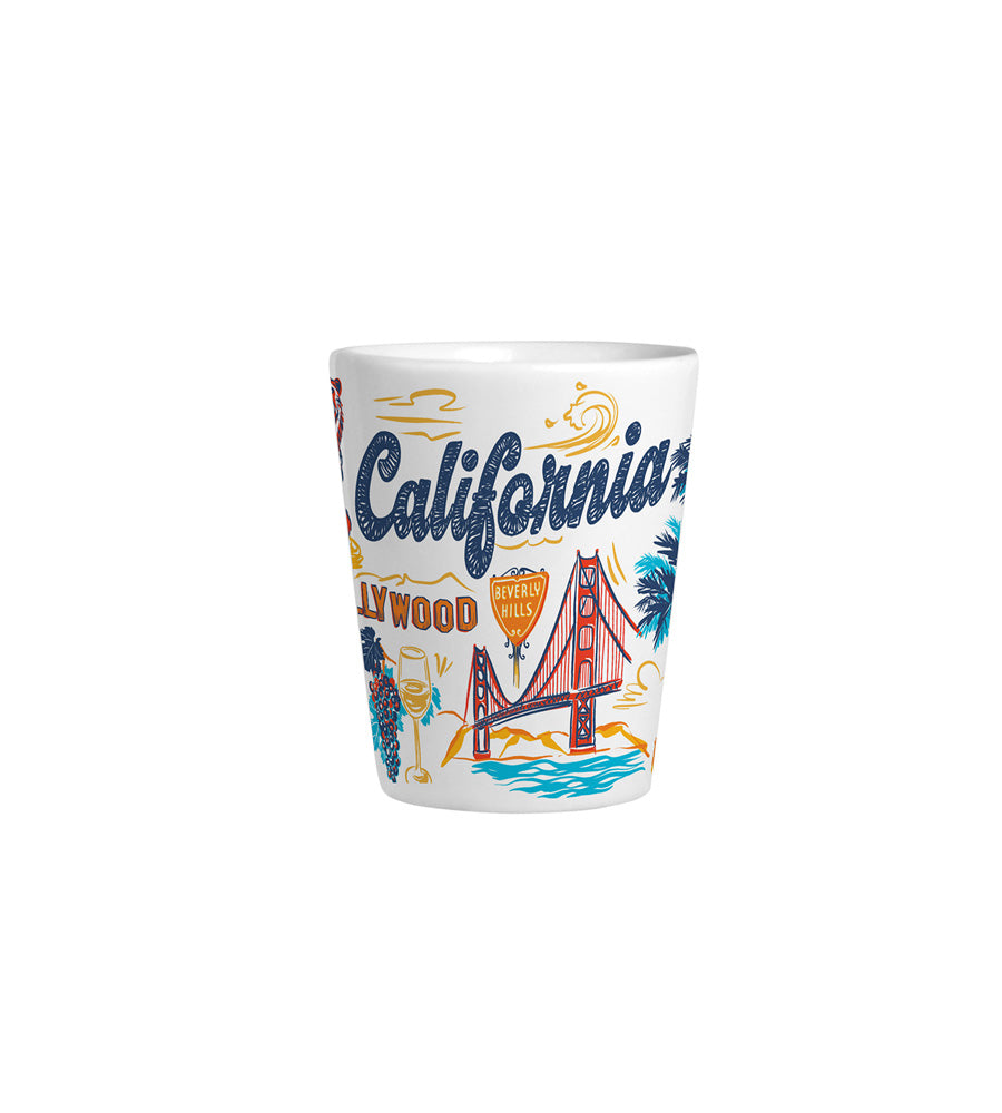 2-ounce shot glass featuring detailed illustrations of California attractions like the Hollywood sign and coastal vistas.