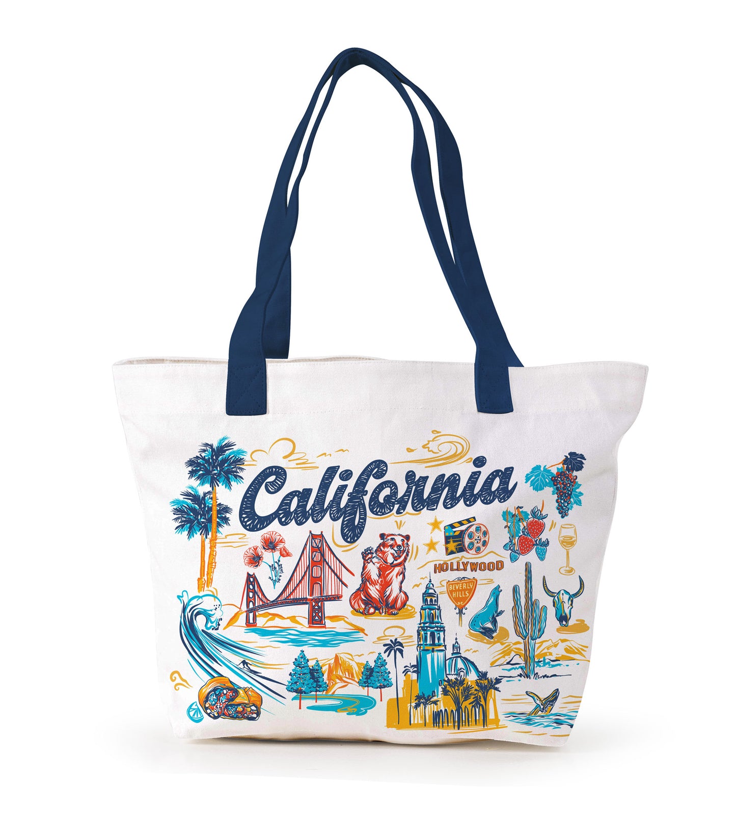 White canvas tote bag featuring colorful illustrations of California landmarks like the Golden Gate Bridge, Hollywood sign and more.