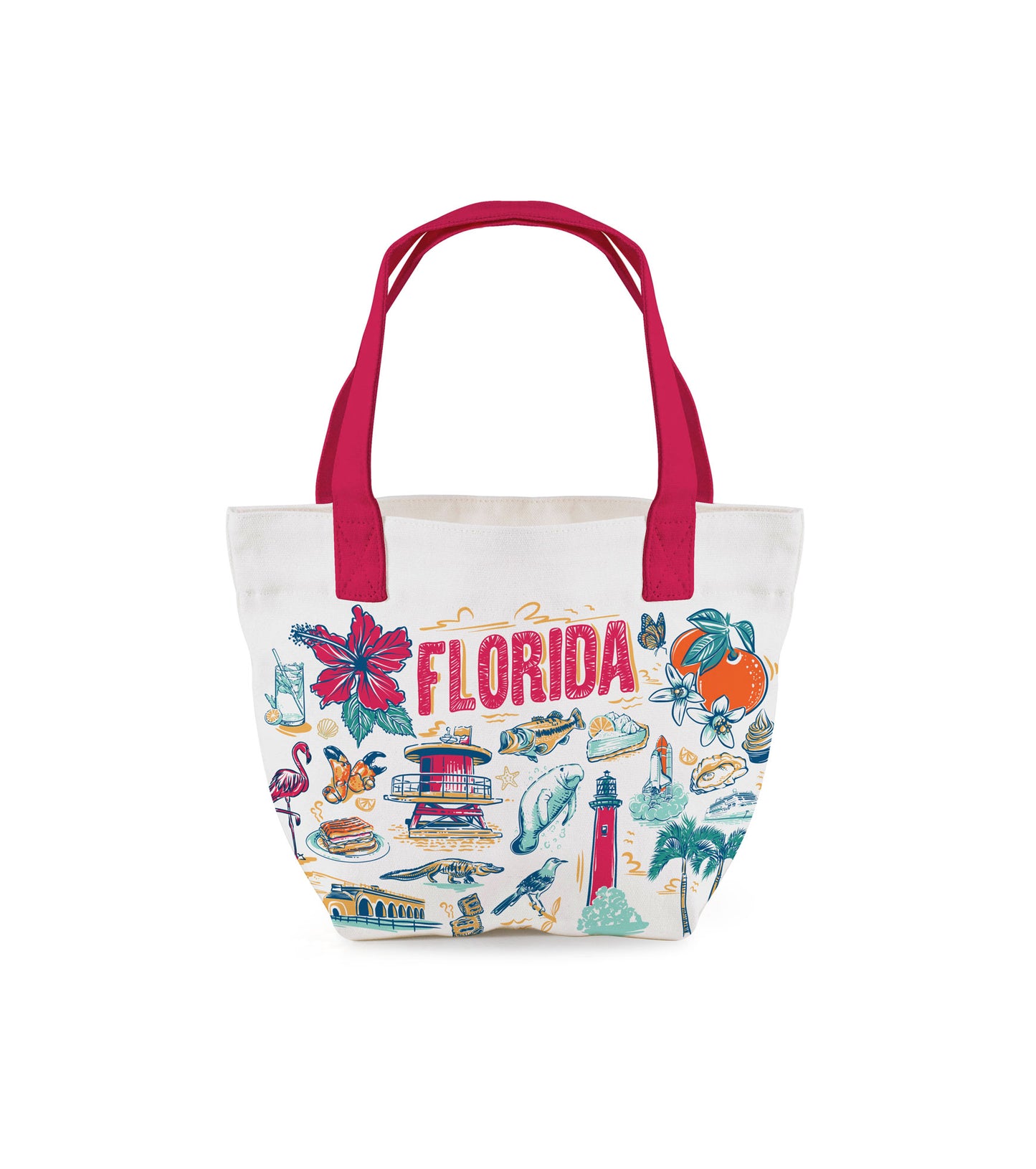 Compact white canvas mini tote adorned with vibrant Florida-themed graphics, including flamingos and citrus oranges.