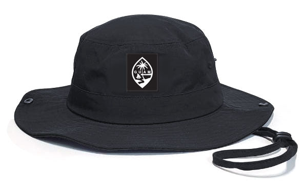 Black boonie hat adorned with the official Guam seal, showcasing the island's heritage and pride.