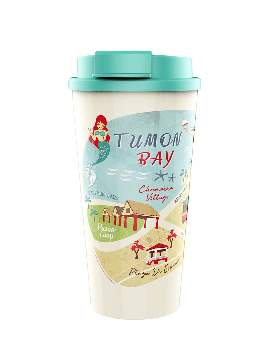 16-ounce travel tumbler with a secure lid, adorned with a vibrant map of Guam highlighting its vibrant landmarks and island icons.