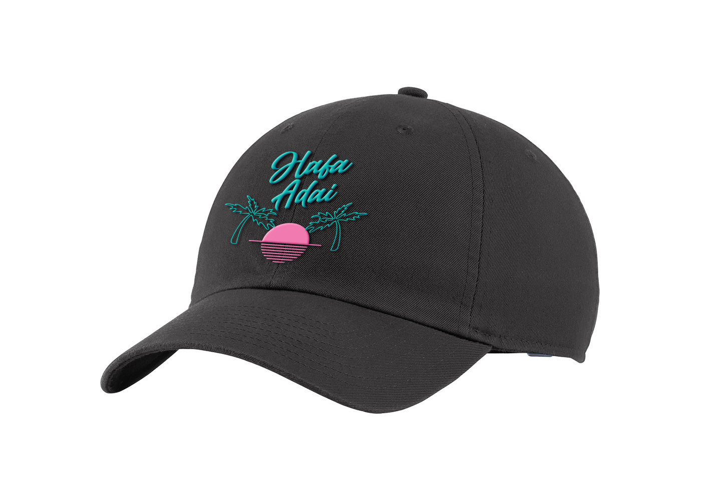 Black dad cap featuring 'Hafa Adai' greeting and a retro-style sun graphic, symbolizing Guam's warm hospitality and tropical climate.