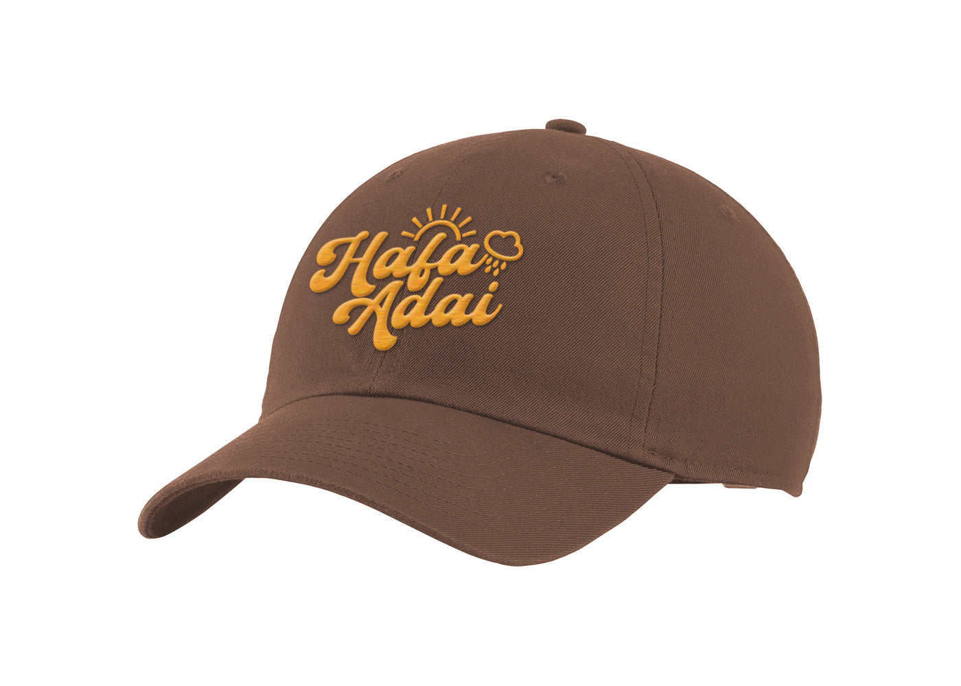 Brown dad cap with 'Hafa Adai' embroidery and a sunshower graphic, reflecting Guam's unique weather patterns and cultural charm.