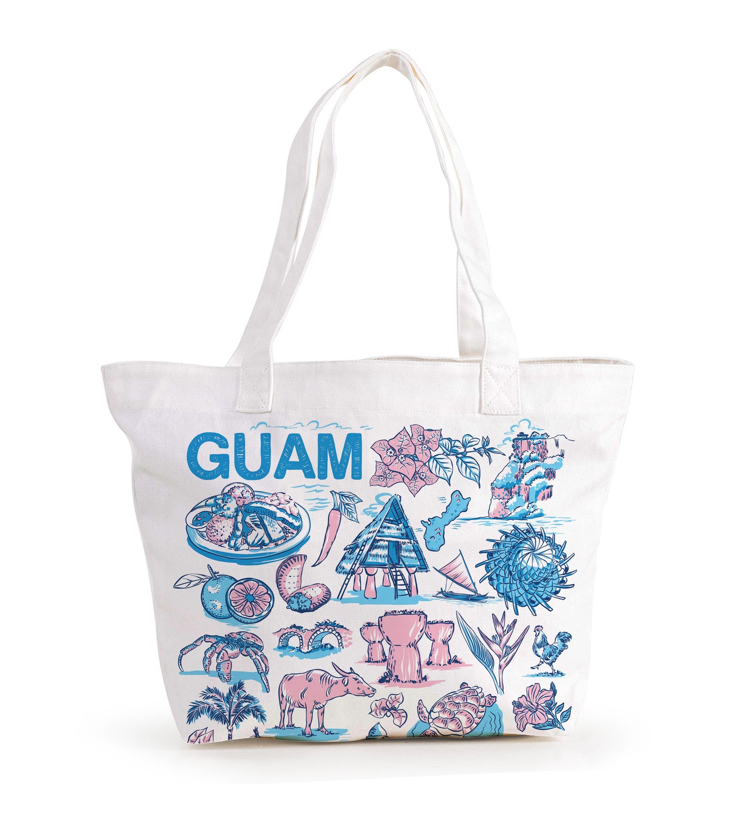 White canvas tote bag featuring colorful illustrations of Guam's landmarks and icons, including Tumon Bay, latte stones, and tropical flowers.