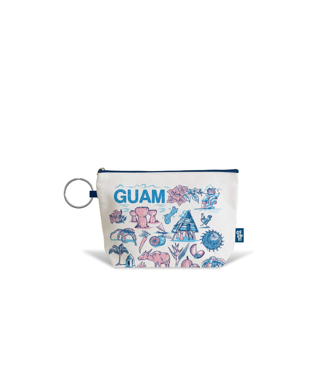 Zippered cotton vanity pouch showcasing artistic depictions of Guam's cultural icons, including traditional huts and Latte stones.