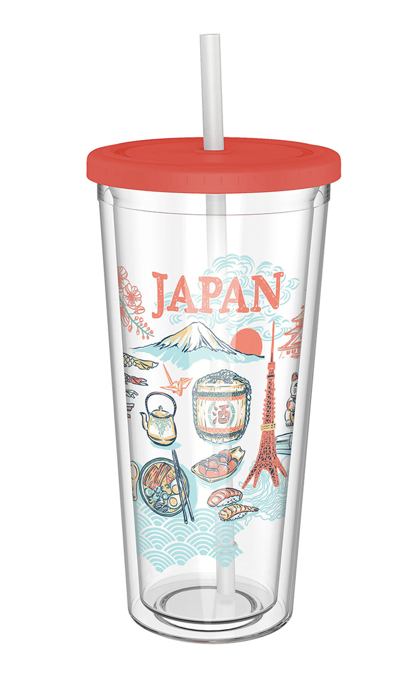 20-ounce BPA-free plastic cup with straw, showcasing colorful designs of Japanese landmarks like Tokyo Tower, Mt. Fuji, and cherry blossom flowers.