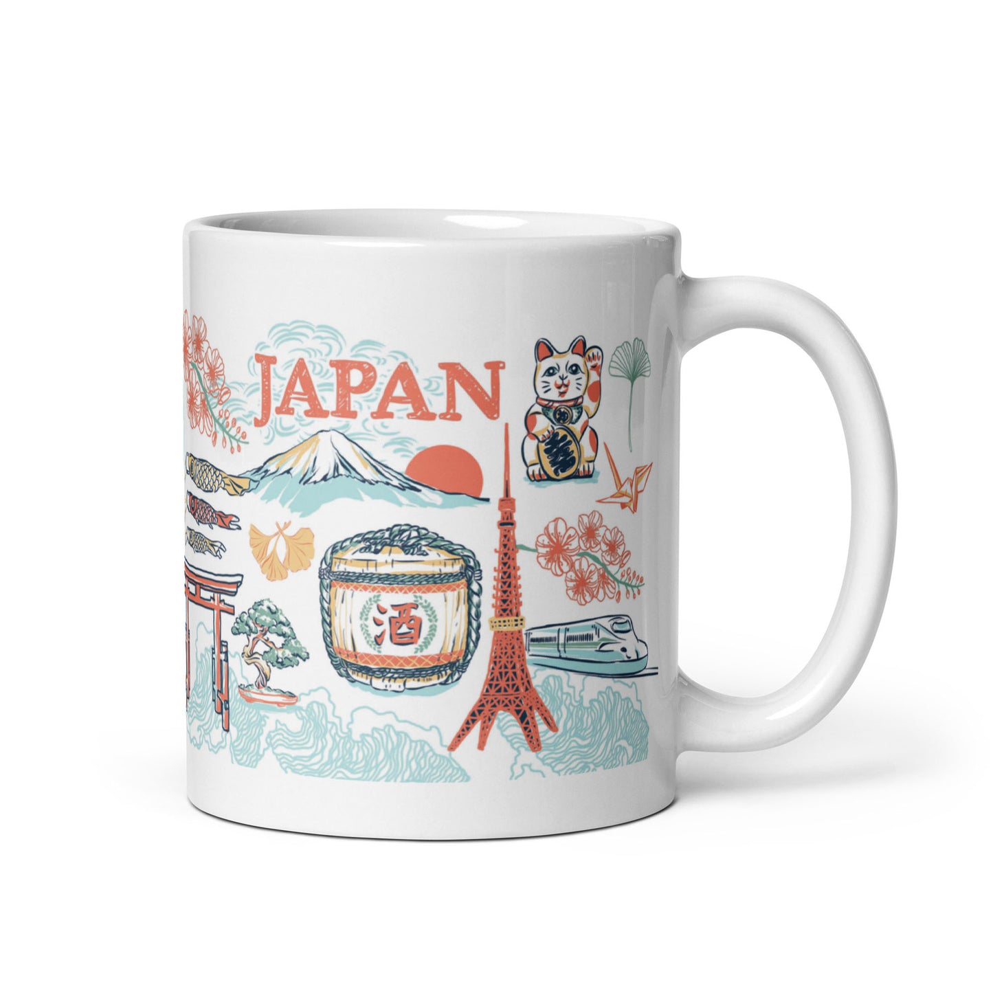 14-ounce ceramic mug decorated with colorful Japanese imagery, featuring elements like torii gates, sake barrel and lucky cat.