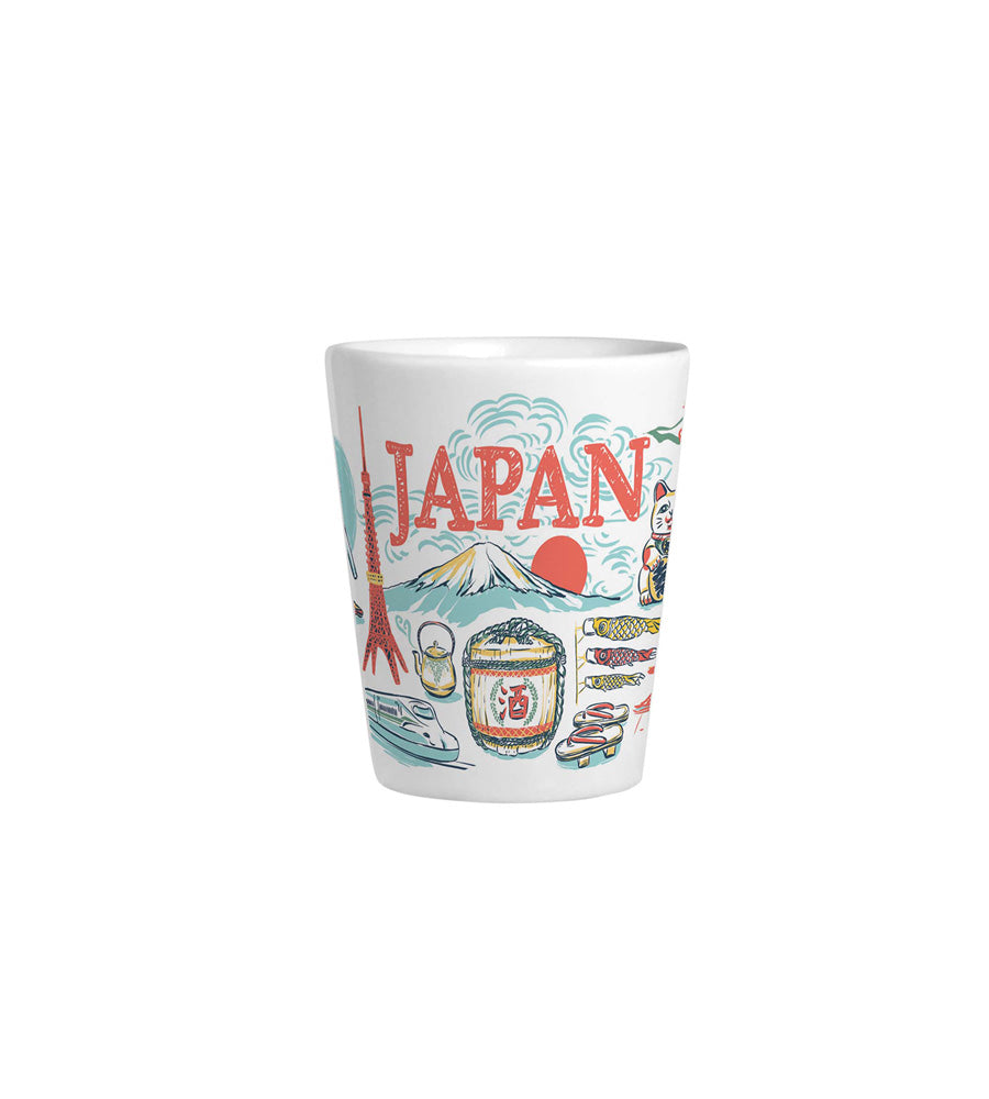 2-ounce shot glass featuring detailed illustrations of Japanese landmarks and icons like Mount Fuji and Osaka Castle.