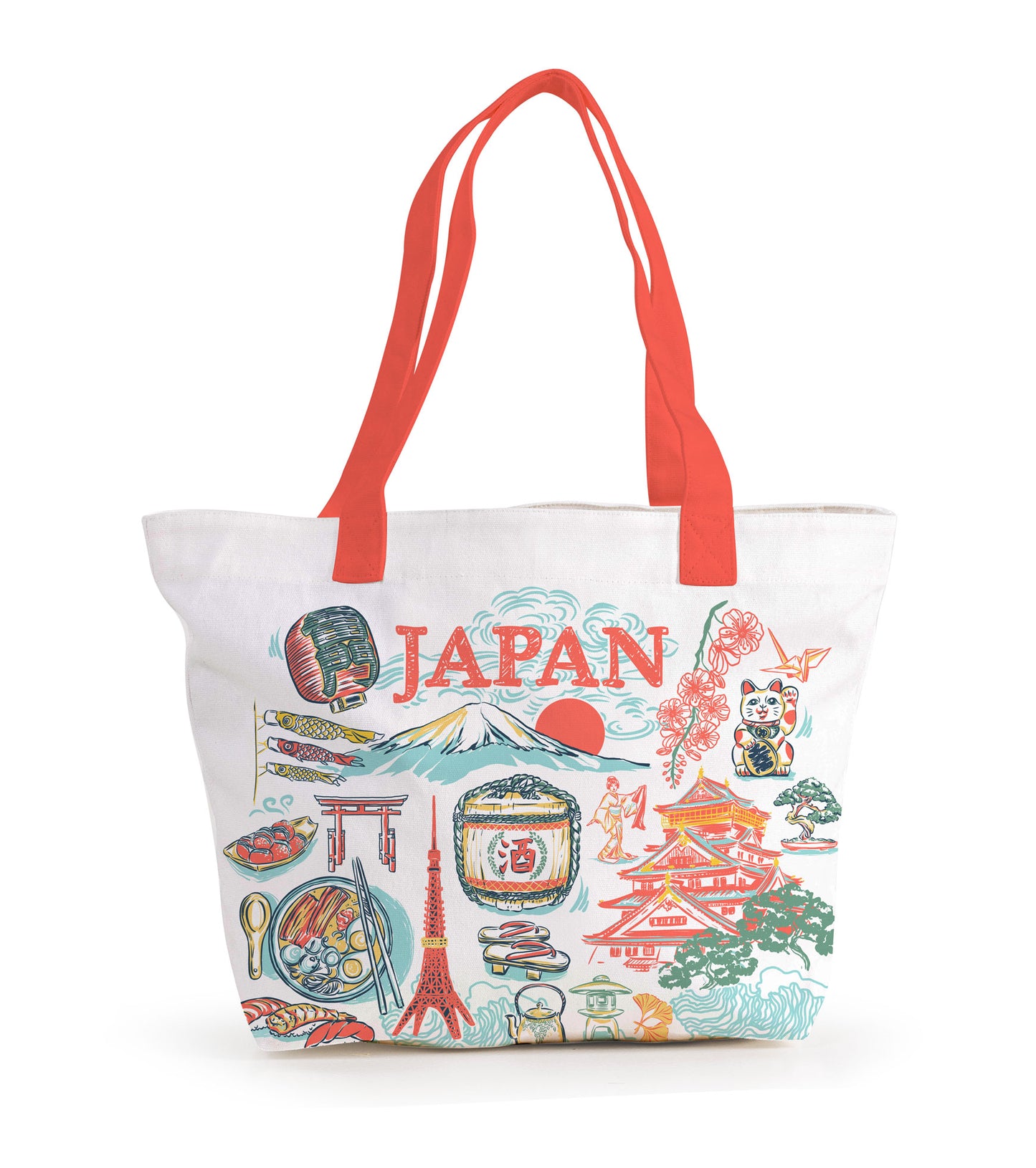 White canvas tote bag featuring colorful, hand-drawn illustrations of iconic Japanese landmarks such as Mount Fuji, cherry blossoms, and Castles.