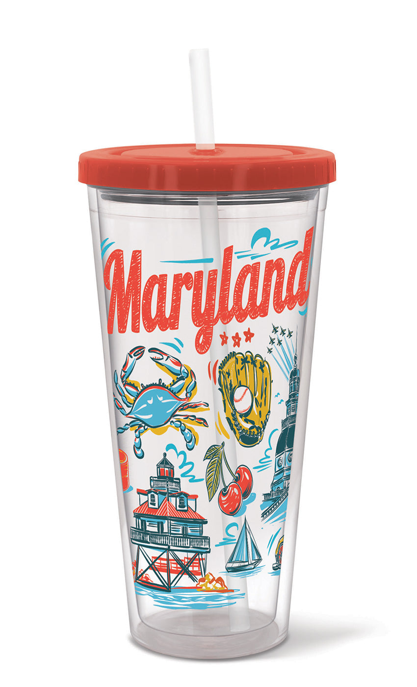 20-ounce BPA-free plastic cup with straw, showcasing colorful designs of Maryland landmarks.