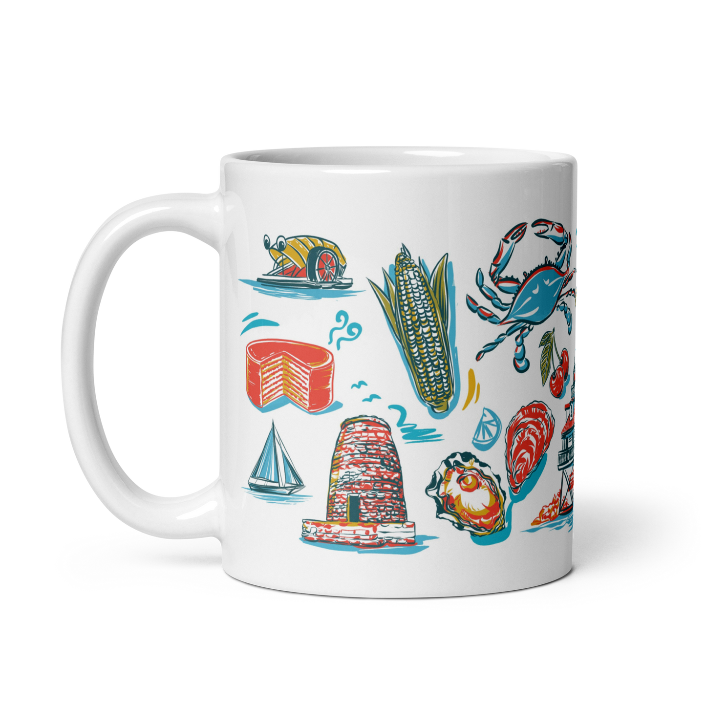 14-ounce ceramic mug decorated with colorful Maryland imagery, including state symbols and historic landmarks.