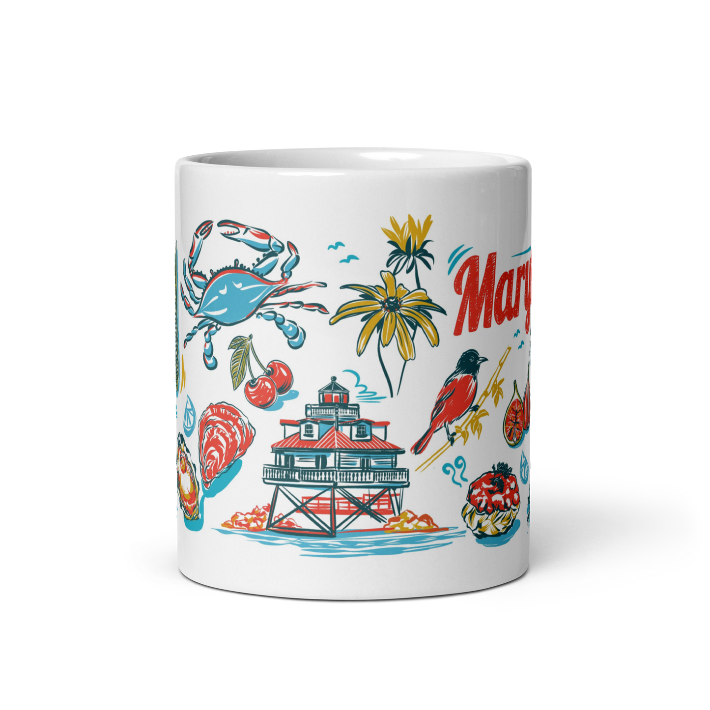 14-ounce ceramic mug decorated with colorful Maryland imagery, including state symbols and historic landmarks.