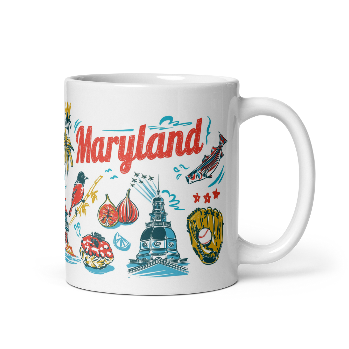14-ounce ceramic mug decorated with colorful Maryland imagery, including state symbols and historic landmarks.