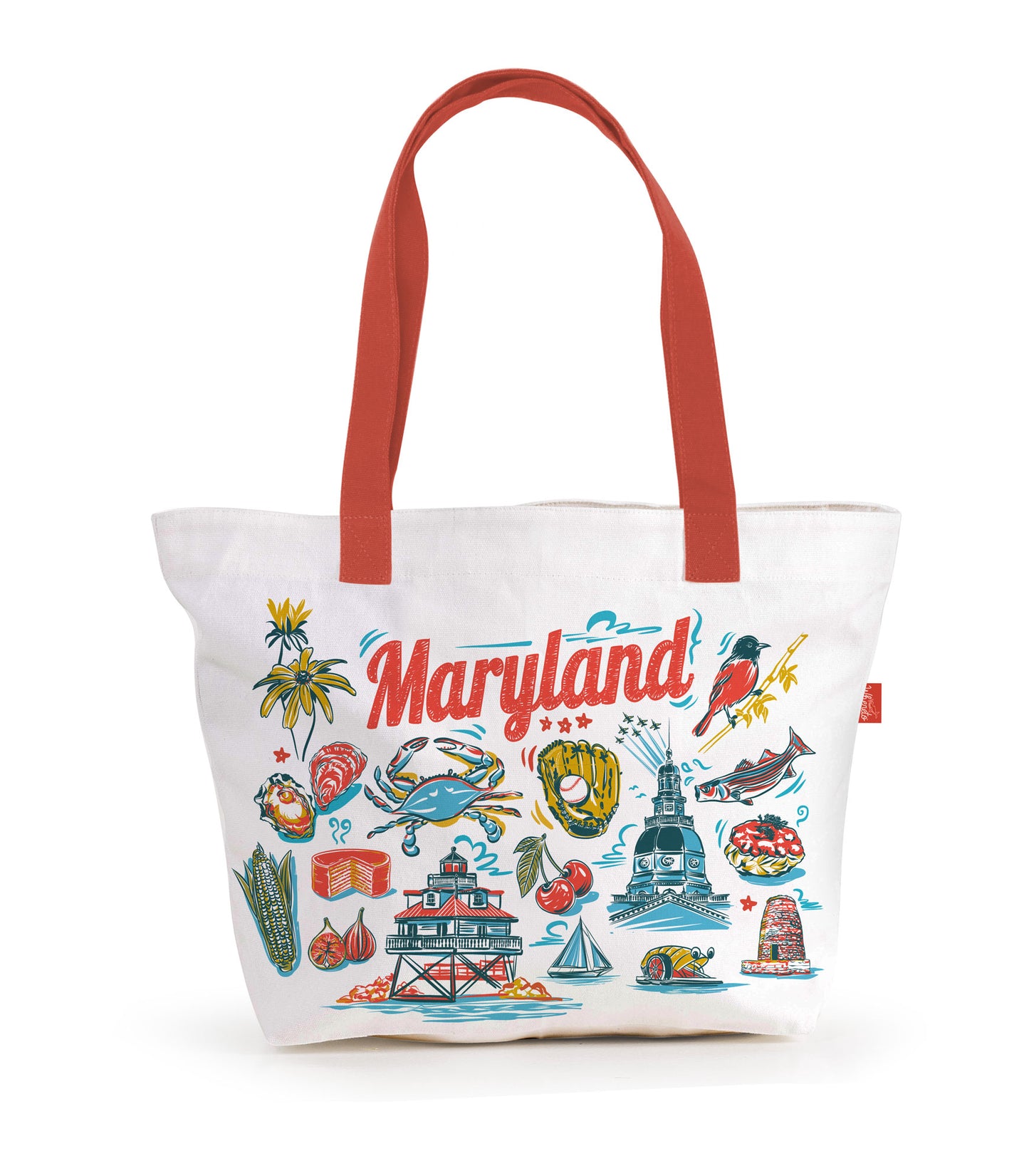 Eco-friendly white canvas tote bag featuring colorful, hand-drawn illustrations of Maryland landmarks and icons.