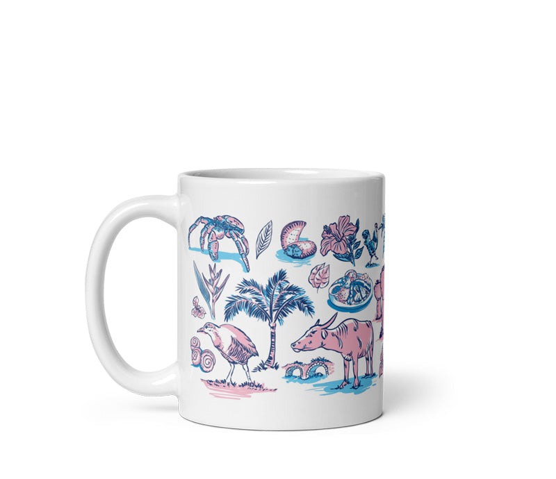 A white ceramic mug featuring a colorful hand-drawn illustration of tropical animals, palm trees, and sea life, shown against a plain white background.