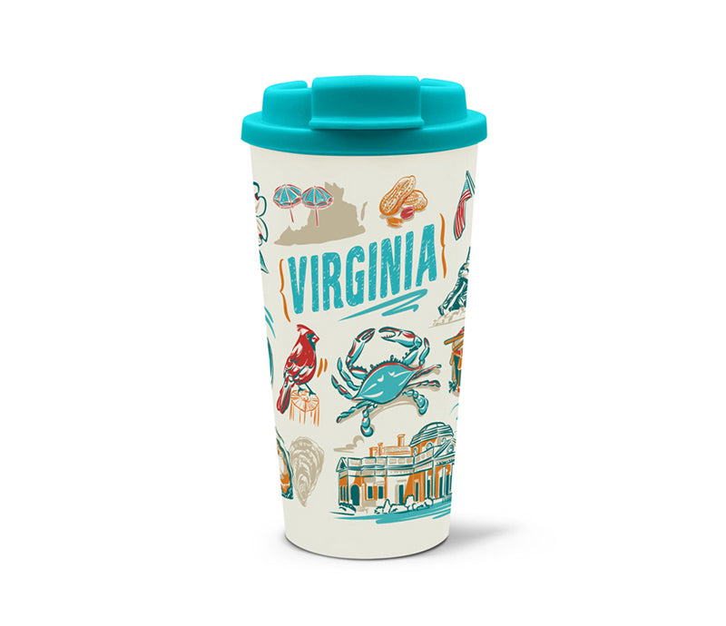 Travel mug with Virginia-themed design and teal lid on a white background