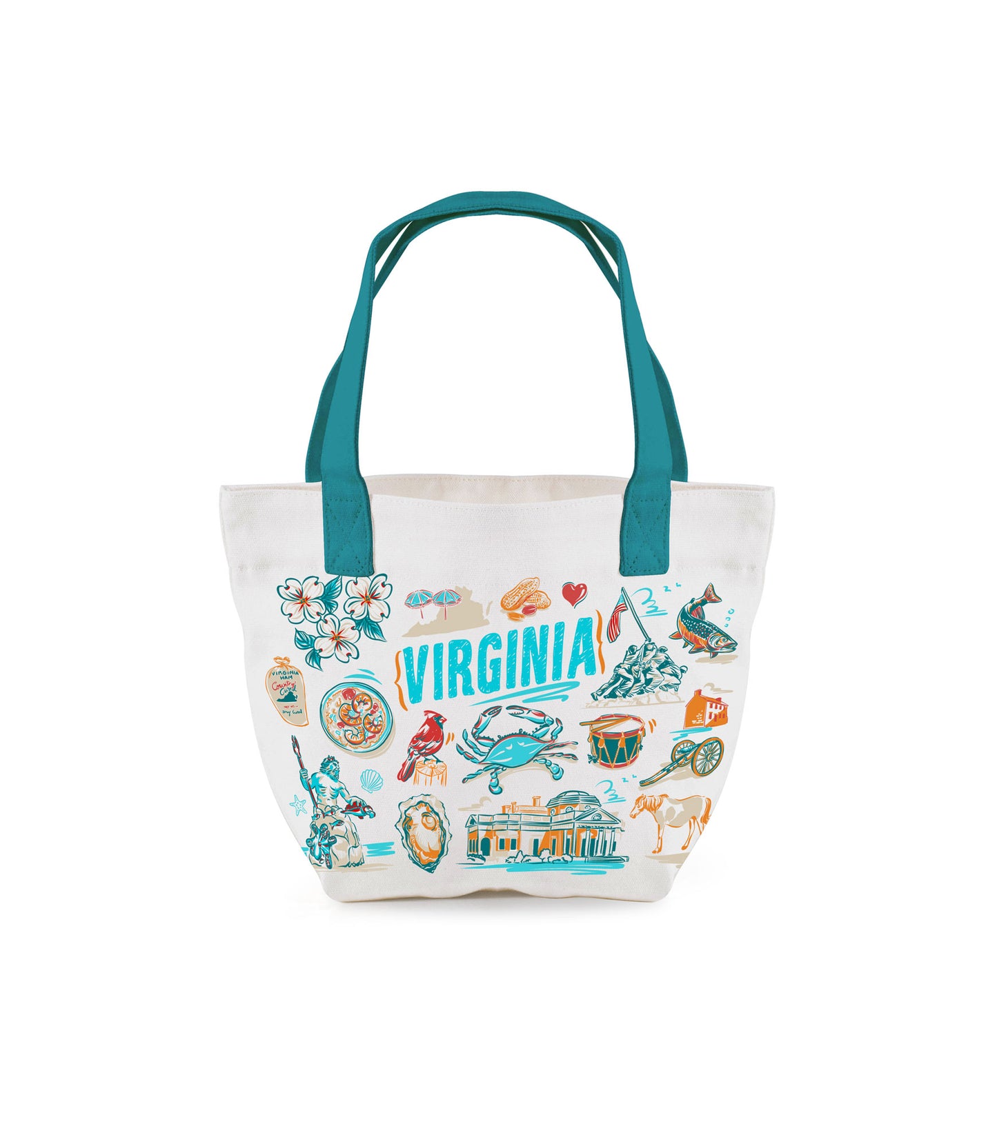 Compact white canvas mini tote adorned with vibrant Virginia-themed graphics, including cardinal birds and dogwood flowers.