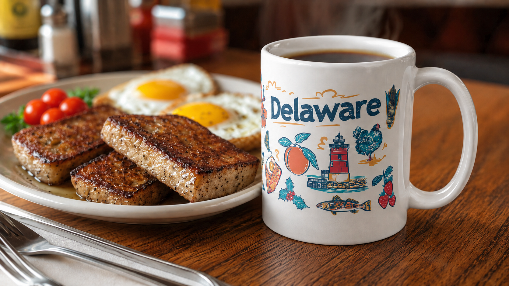 A Delaware-themed art print or postcard featuring colorful hand-drawn illustrations of local landmarks, food, flowers, and symbols, with the word 'Delaware' and 'Greetings' at the top, shown on a white background.