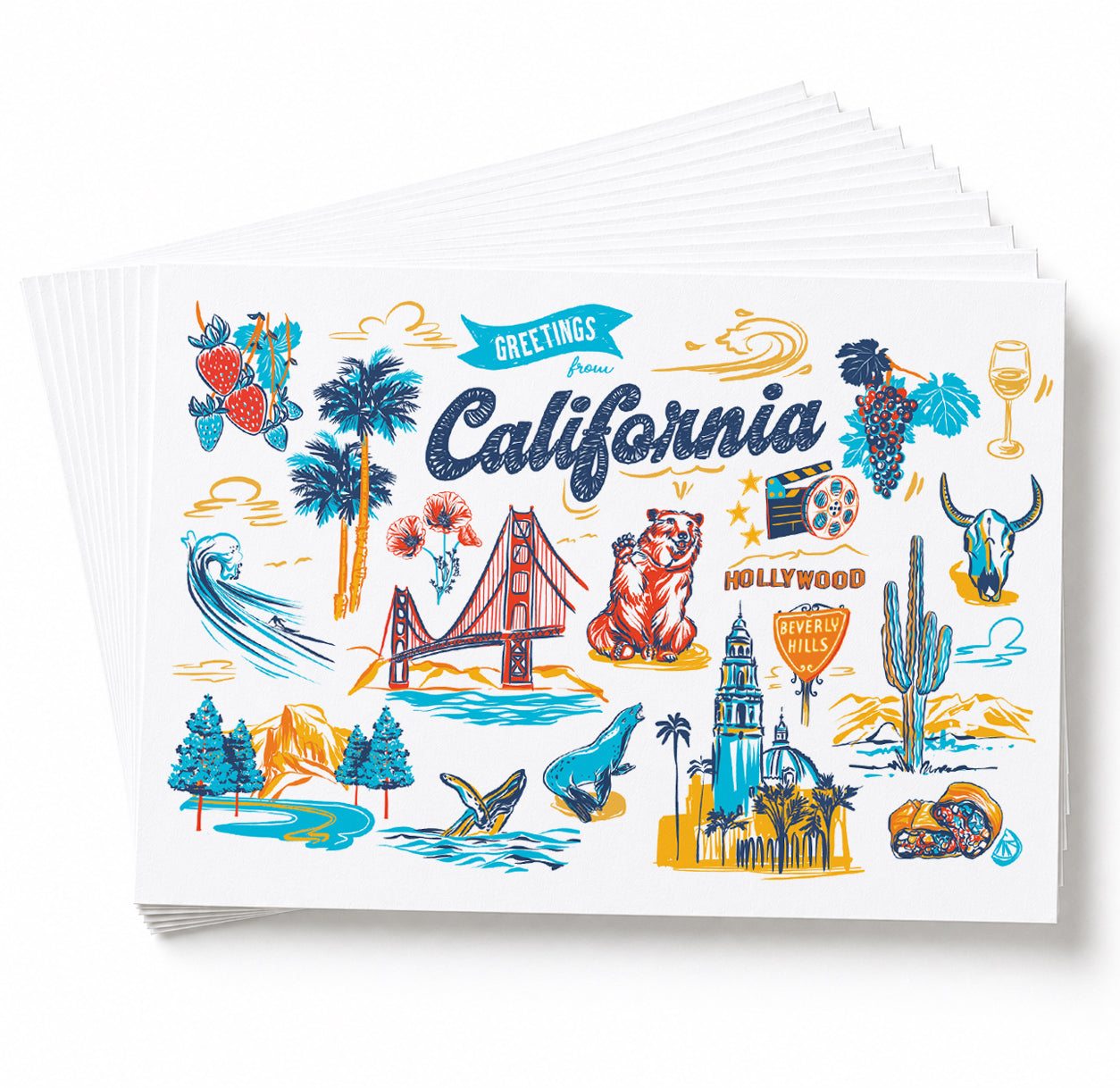 A stack of white greeting cards fanned out on a white background, featuring colorful California-themed illustrations including the Golden Gate Bridge, palm trees, a bear, a cowboy, cacti, and the words 'Greetings from California'.