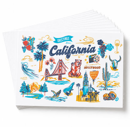 A stack of white greeting cards fanned out on a white background, featuring colorful California-themed illustrations including the Golden Gate Bridge, palm trees, a bear, a cowboy, cacti, and the words 'Greetings from California'.