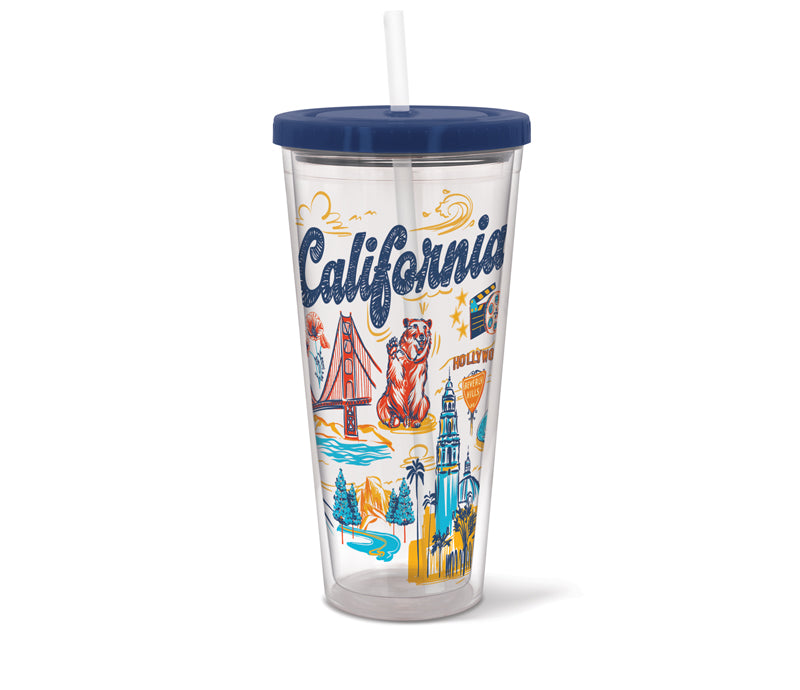 Clear tumbler with 'California' text and icons on a white background