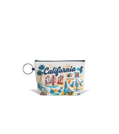 Zippered vanity pouch showcasing artistic depictions of California icons such as surfing and desert landscapes.