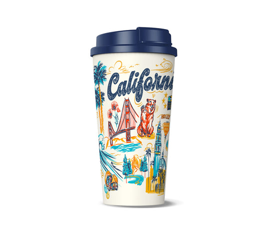 Travel mug with California-themed design on a white background