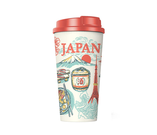 A white travel tumbler with a red lid, decorated with colorful illustrations of Mount Fuji, a red sun, the Tokyo Tower, ramen, and the word 'JAPAN' in red.