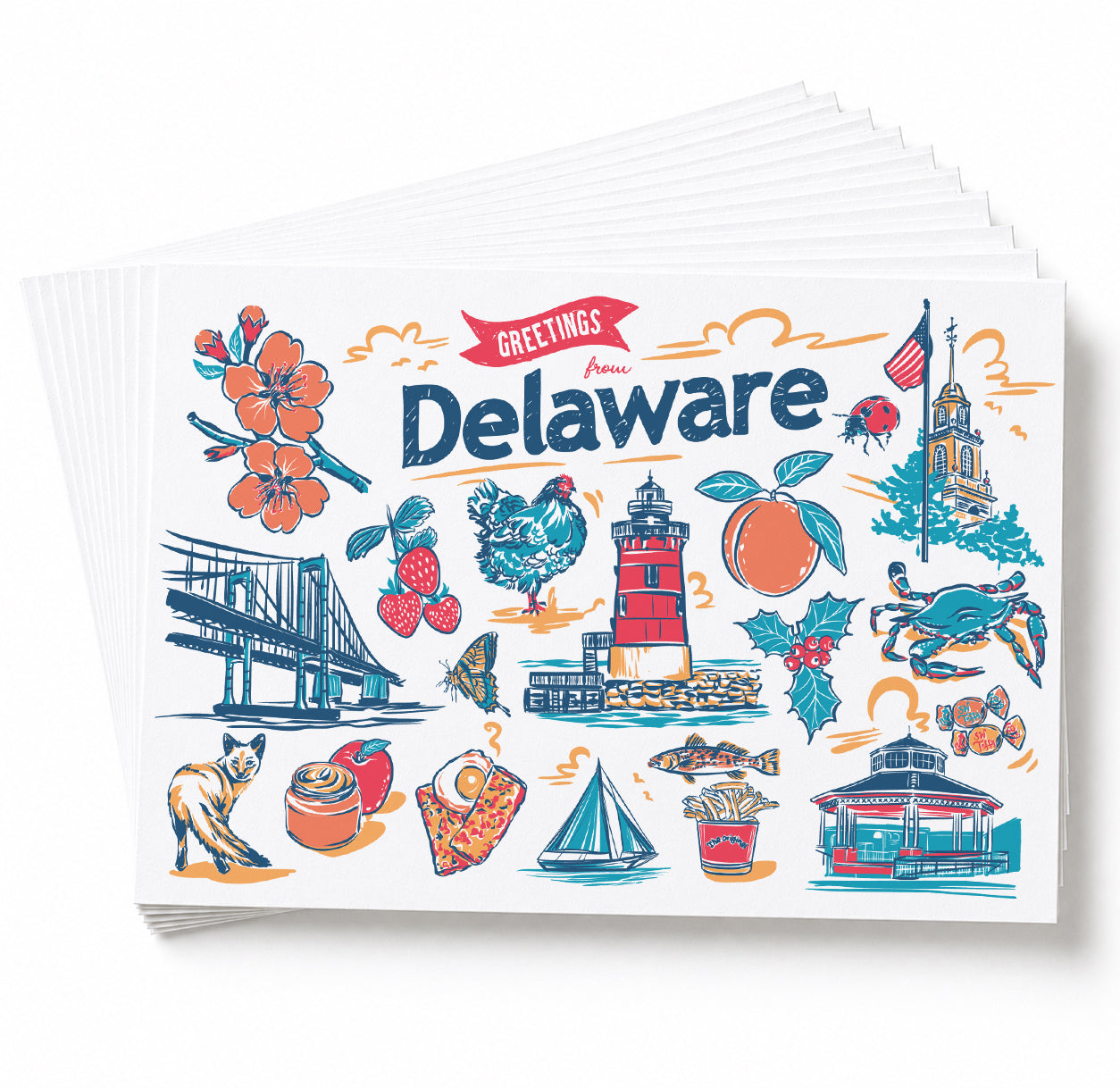 A stack of Delaware-themed greeting cards fanned out on a white background. The front card features colorful illustrated landmarks and symbols including the Delaware bridge, lighthouse, blue crab, orange, cat, pizza, and a red banner reading 'Greetings from Delaware'.