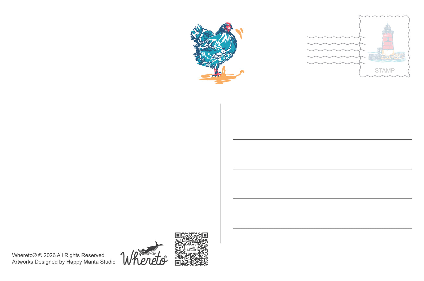 A postcard-style art print with a blue patterned chicken illustration near the top center, a lighthouse stamp graphic in the top right, writing lines on the right, and artist text/logo 'Whereto' at the bottom left on a white background.