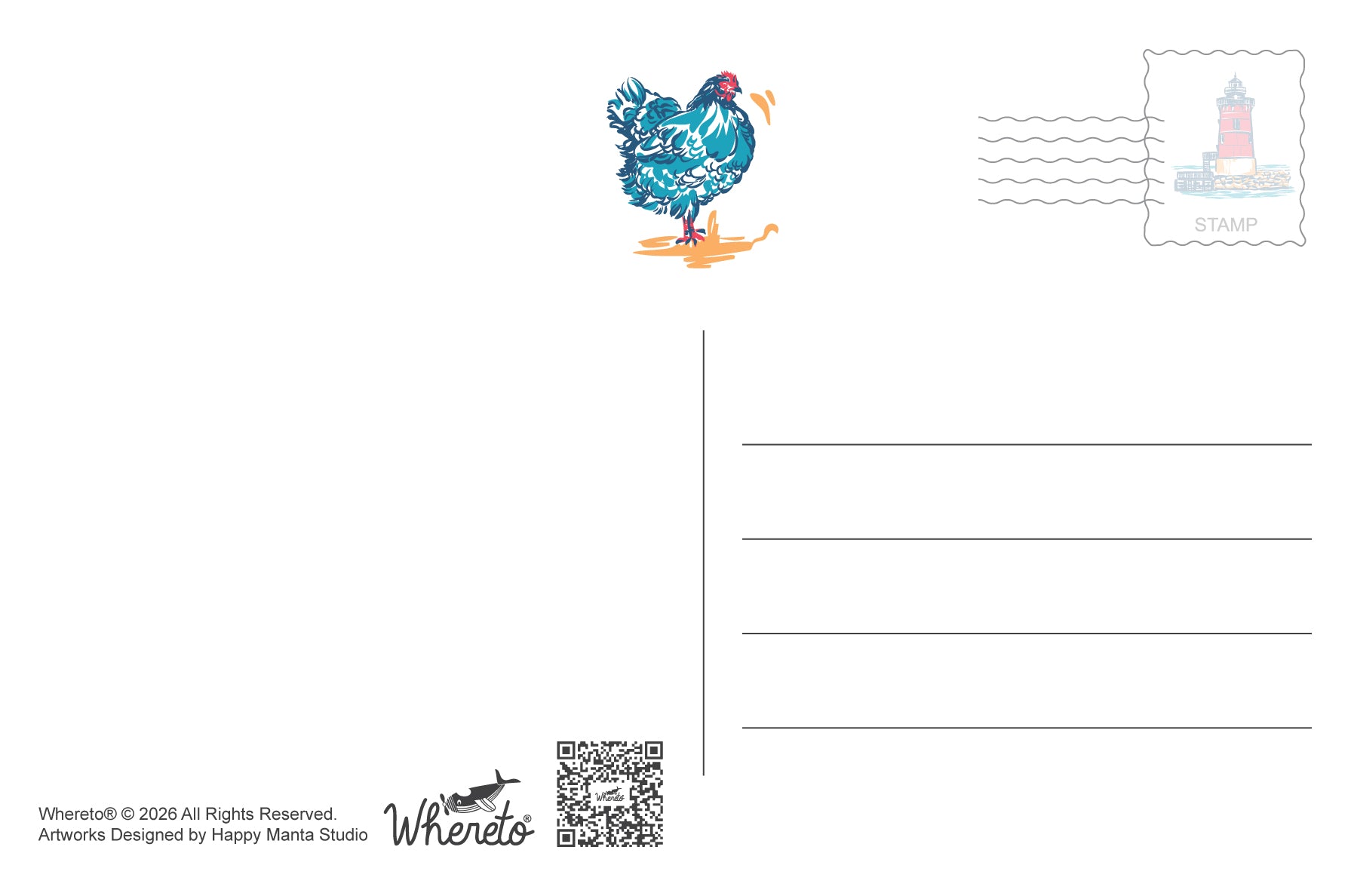 A postcard-style art print with a blue patterned chicken illustration near the top center, a lighthouse stamp graphic in the top right, writing lines on the right, and artist text/logo 'Whereto' at the bottom left on a white background.
