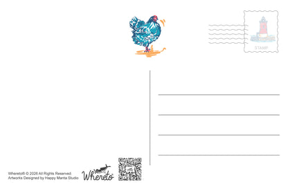 A postcard-style art print with a blue patterned chicken illustration near the top center, a lighthouse stamp graphic in the top right, writing lines on the right, and artist text/logo 'Whereto' at the bottom left on a white background.