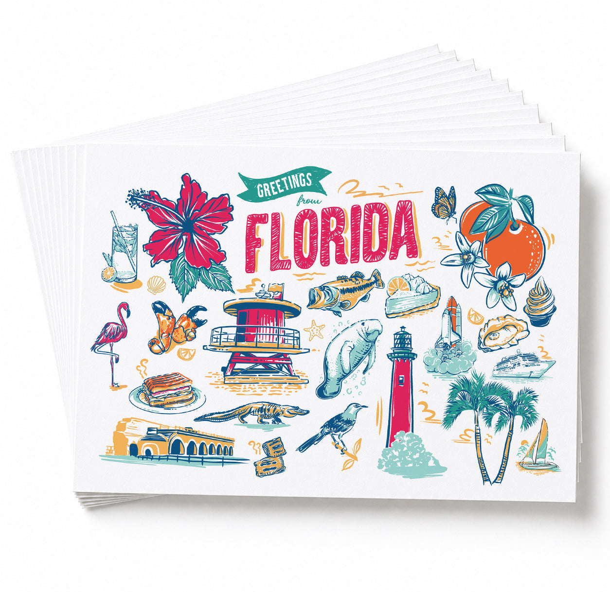 A stack of greeting cards fanned out on a white background. The top card features a colorful hand-drawn illustration of Florida-themed motifs, including the word 'FLORIDA' in red, a hibiscus flower, an orange, a lighthouse, palm trees, a flamingo, and other local landmarks and food items.