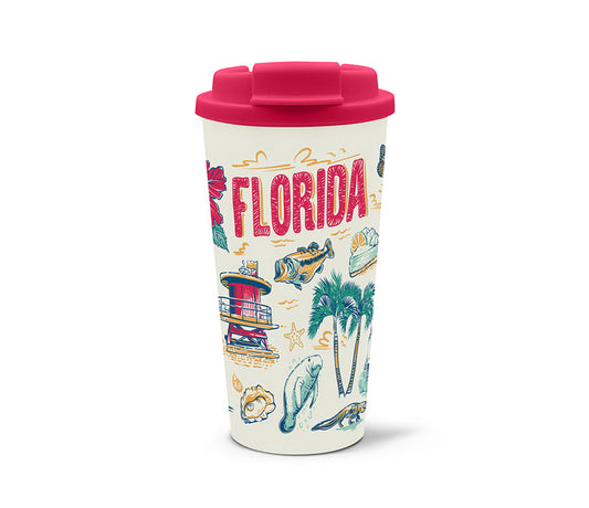 Travel mug with 'Florida' text and beach-themed illustrations on a white background