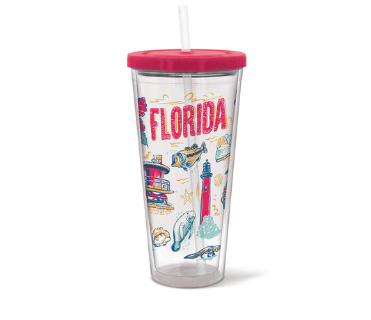 Clear tumbler with colorful Florida-themed design and pink lid on a white background