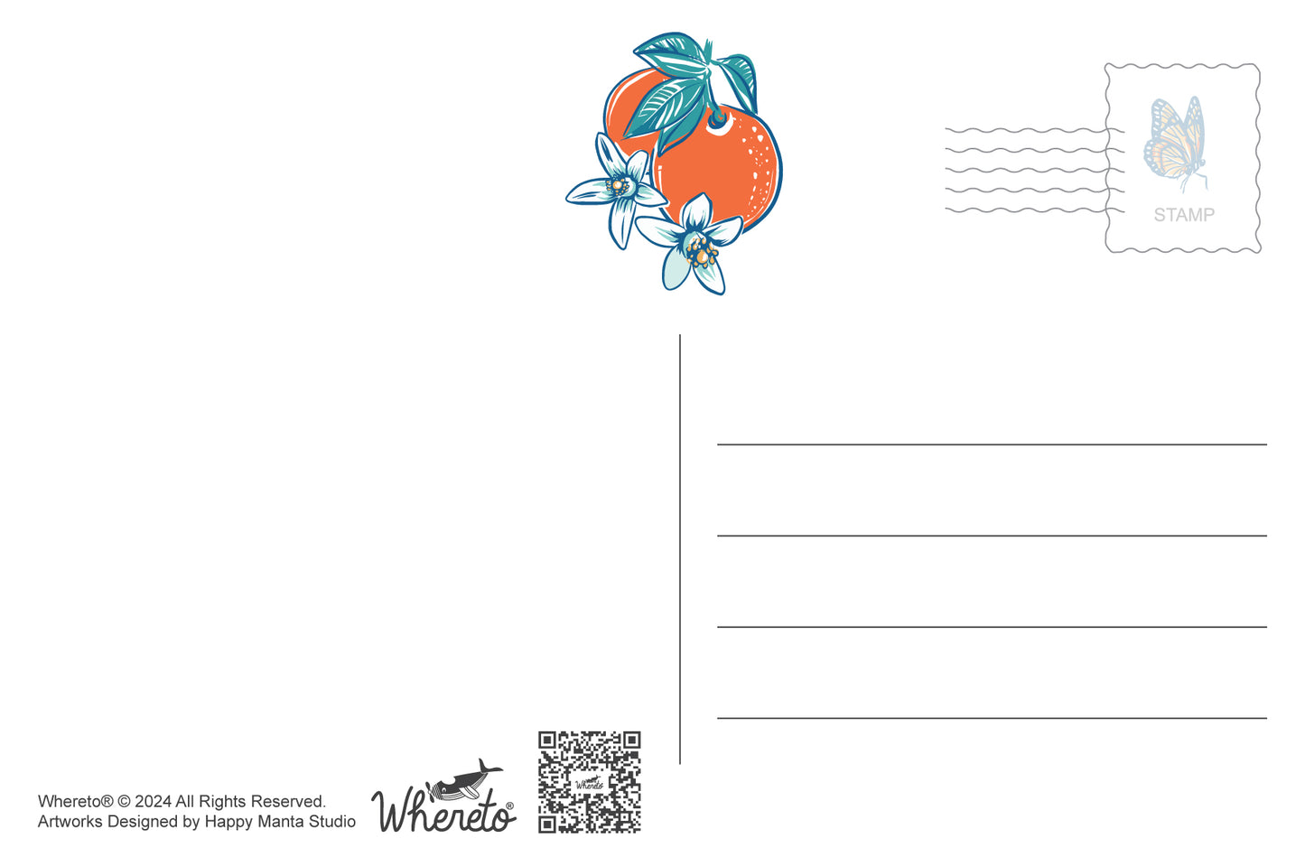 A white postcard-style card with a small orange illustration decorated with blue flowers near the top center, a postage stamp graphic in the upper right, blank writing lines on the right, and small printed text and QR code at the bottom left.
