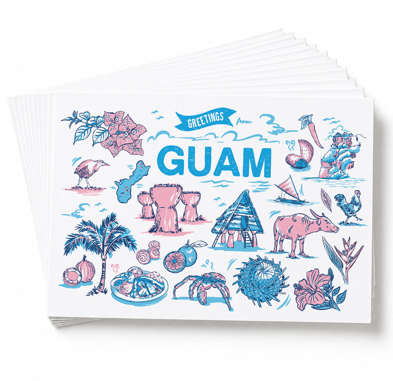 A stack of greeting cards fanned out on a white background. The top card features a colorful illustration of local landmarks and symbols with the text 'GREETINGS from GUAM' in blue.