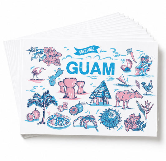 A stack of greeting cards fanned out on a white background. The top card features a colorful illustration of local landmarks and symbols with the text 'GREETINGS from GUAM' in blue.