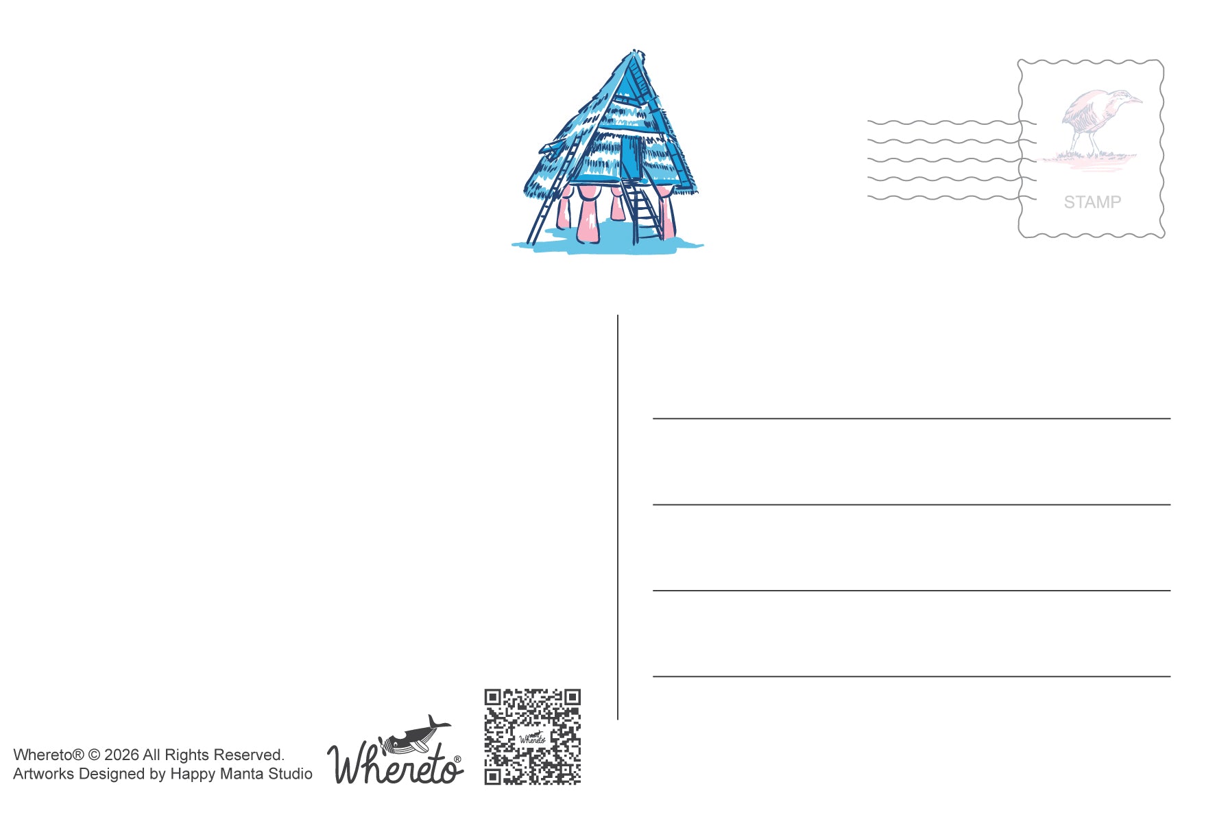 A white postcard-style artwork layout with a small blue illustrated beach hut near the top center, a postage stamp graphic at top right, writing lines on the right, and artist text/logo at bottom left including 'Whereto' and a QR code.