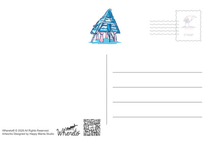 A white postcard-style artwork layout with a small blue illustrated beach hut near the top center, a postage stamp graphic at top right, writing lines on the right, and artist text/logo at bottom left including 'Whereto' and a QR code.