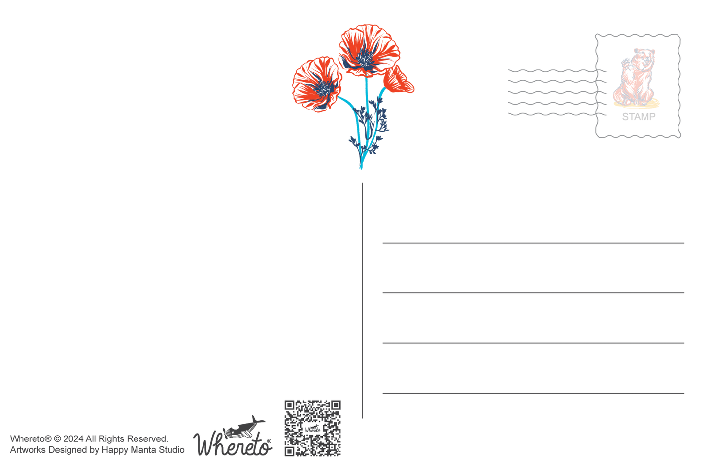 A postcard-style card design on a white background, featuring three red-orange poppy flowers with blue stems near the top center, a postage stamp illustration in the upper right, writing lines on the right side, and small printed text and a QR code at the bottom left. The brand name 'Whereto' appears at the bottom.
