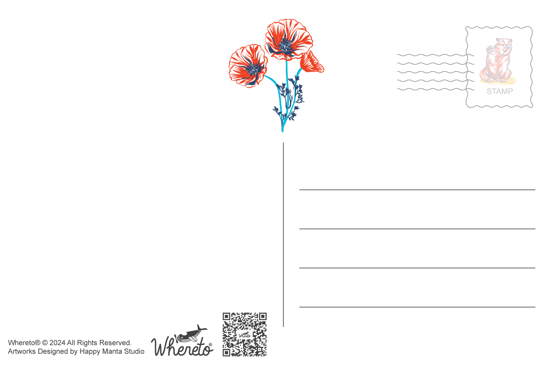 A postcard-style card design on a white background, featuring three red-orange poppy flowers with blue stems near the top center, a postage stamp illustration in the upper right, writing lines on the right side, and small printed text and a QR code at the bottom left. The brand name 'Whereto' appears at the bottom.