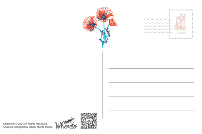 A postcard-style card design on a white background, featuring three red-orange poppy flowers with blue stems near the top center, a postage stamp illustration in the upper right, writing lines on the right side, and small printed text and a QR code at the bottom left. The brand name 'Whereto' appears at the bottom.