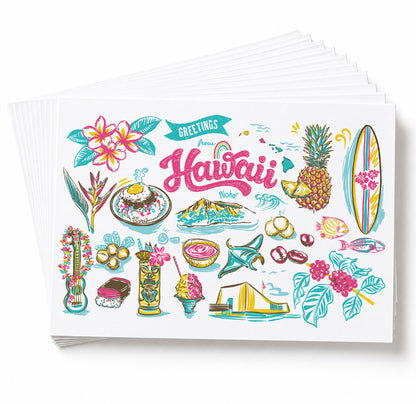 A stack of white greeting cards fanned out on a white background, with the top card featuring colorful hand-drawn Hawaiian illustrations and the word 'Hawaii' in large pink script.