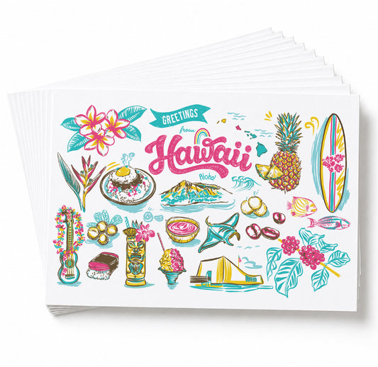 A stack of white greeting cards fanned out on a white background, with the top card featuring colorful hand-drawn Hawaiian illustrations and the word 'Hawaii' in large pink script.