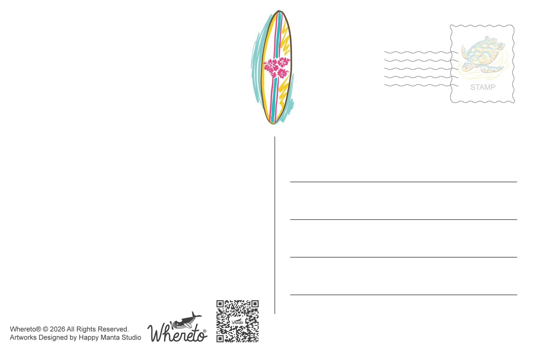 A postcard-style graphic with a surfboard illustration near the top center, a postage stamp motif in the top right, blank writing lines on the right, and small printed text/logo elements along the bottom. The overall design is mostly white with a multicolored surfboard accent.