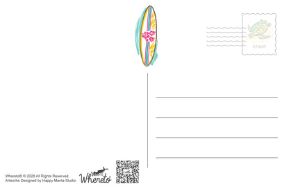 A postcard-style graphic with a surfboard illustration near the top center, a postage stamp motif in the top right, blank writing lines on the right, and small printed text/logo elements along the bottom. The overall design is mostly white with a multicolored surfboard accent.