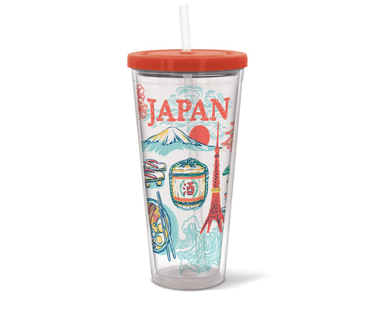 Clear tumbler with Japanese-themed design and red lid on a white background